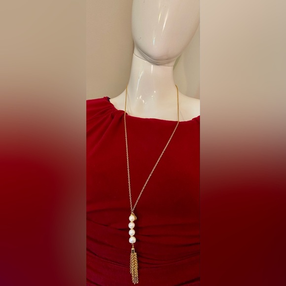 Bourbon & Bowties Necklace- Long gold chain w/ pearls at the end. NEW! Retail$40 - Picture 4 of 4